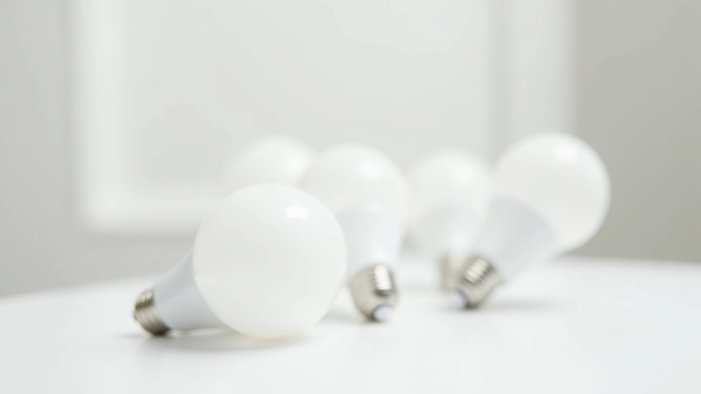 Multiple smart LED bulbs in different colors displayed on white surface with smartphone showing control app