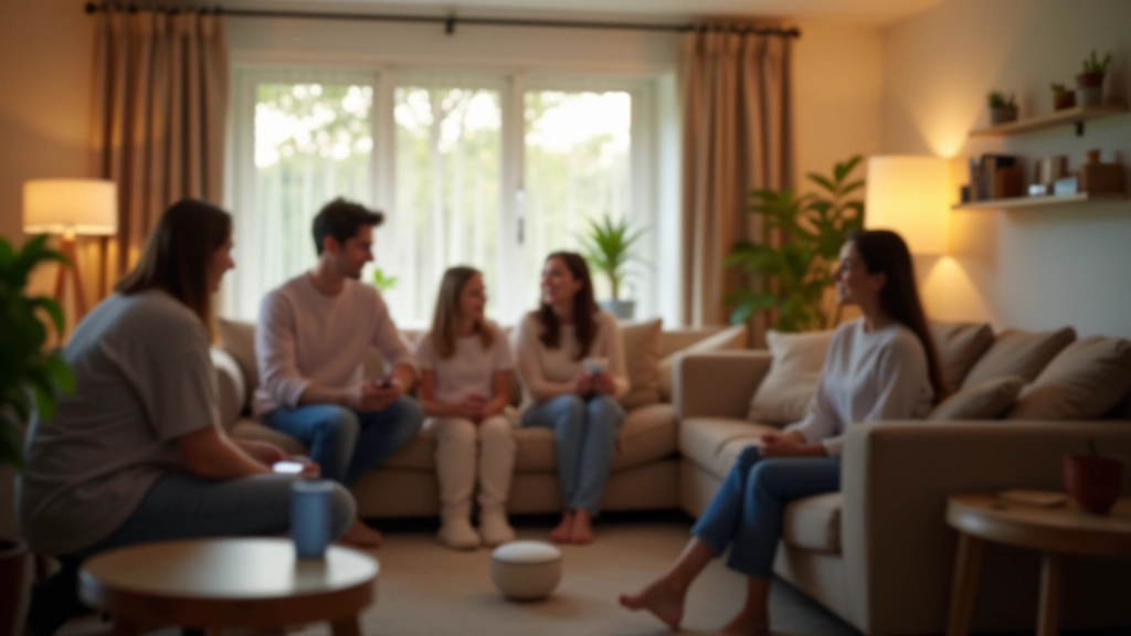 Multiple people in living room using smart speaker for different tasks, one person setting timer while another asks question, diverse family interaction