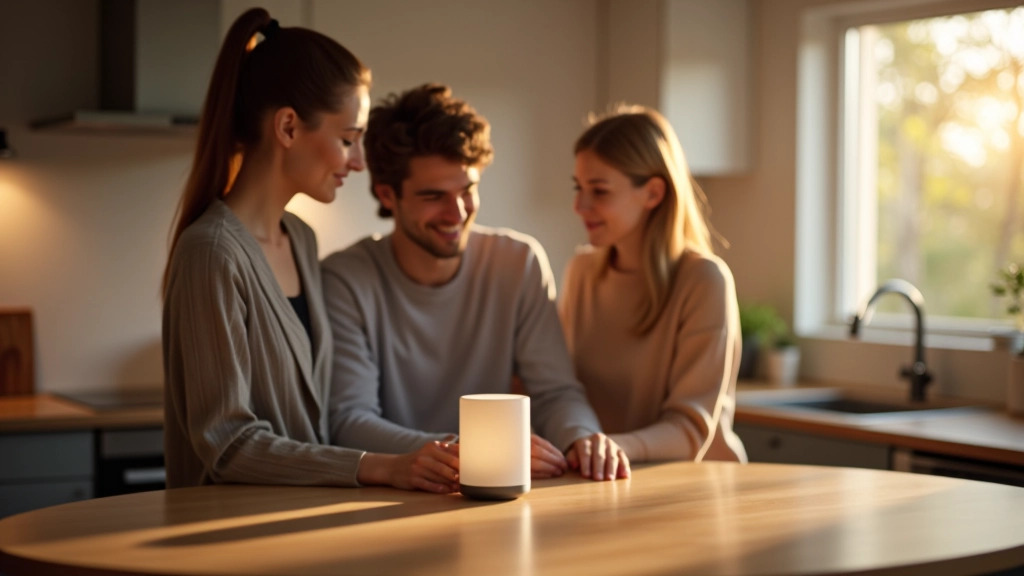 Family in kitchen speaking to smart speaker, parent in background speaking Estonian while child speaks English in foreground, warm home lighting