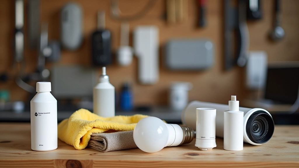 Maintenance supplies for camera care including microfiber cloth, isopropyl alcohol, weatherproof sealant, and silicone gaskets laid on workbench