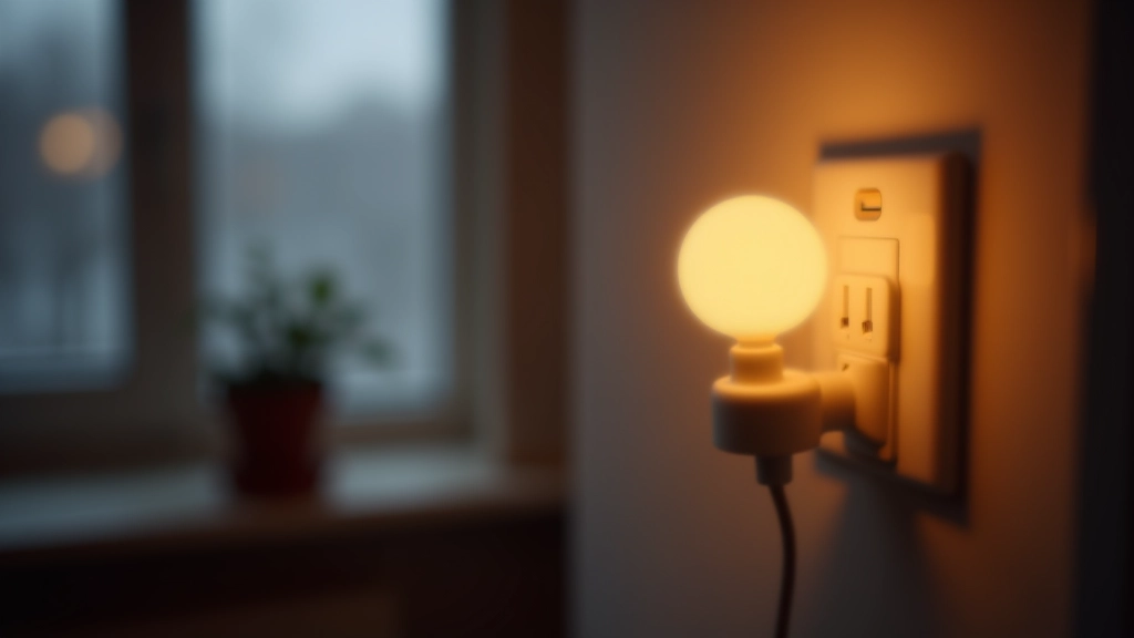 Smart plug inserted in wall outlet with warm LED bulb glowing, cozy apartment interior with frost on window