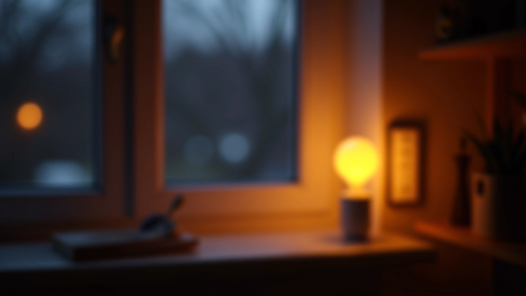 Modern smart plug with LED bulbs in warm light, displayed on wooden shelf next to window with winter evening outside