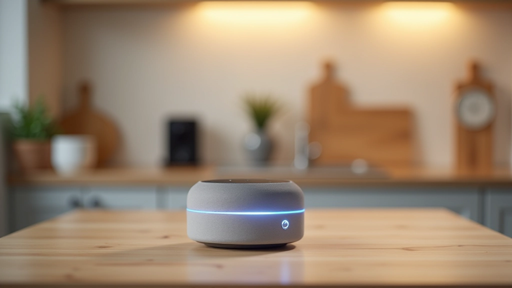 Smart speaker positioned on kitchen counter with plants and coffee cup nearby