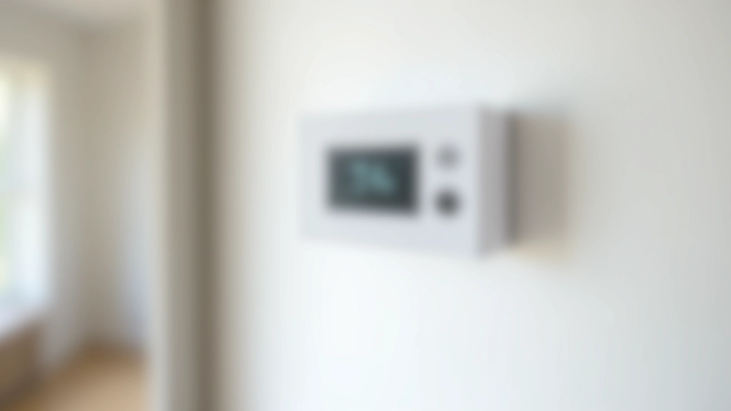 Modern smart thermostat mounted on white wall with digital display showing temperature settings
