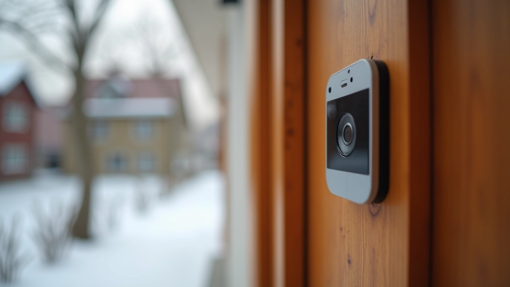 Video doorbell mounted on wooden residential door frame with visible lens